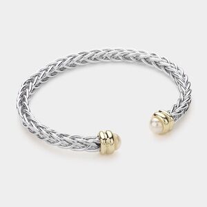Braided Two Tone Pearl Tip Cuff Bracelet